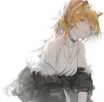  1girl absurdres animal_ears arknights bare_shoulders black_choker black_jacket blonde_hair choker commentary_request highres jacket lion_ears long_hair looking_at_viewer off_shoulder shijiubashuazi siege_(arknights) simple_background solo tank_top white_background white_tank_top yellow_eyes 