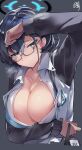  1girl areola_slip black-framed_eyewear black_hair blue_archive blue_eyes blush breasts chihiro_(blue_archive) cleavage closed_mouth glasses halo highres jacket large_breasts long_sleeves looking_at_viewer midori_(misuriru8) no_bra open_clothes open_jacket open_shirt semi-rimless_eyewear shirt short_hair solo steaming_body unbuttoned under-rim_eyewear upper_body white_jacket white_shirt 