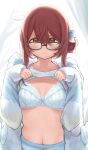  1girl absurdres blush bow bow_bra bra breasts closed_mouth clothes_lift frown glasses hair_between_eyes hair_bun highres idolmaster idolmaster_shiny_colors kijibato_123-gou lace-trimmed_bra lace_trim lifted_by_self long_hair long_sleeves looking_at_viewer medium_breasts navel official_alternate_costume official_alternate_hairstyle osaki_tenka pajamas red_hair shirt_lift single_hair_bun sleeves_past_wrists solo sweat swept_bangs underwear white_bra yellow_eyes 