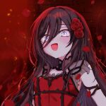  1girl 99_wds black_hair blue_eyes flower hair_between_eyes highres karasumori_daikoku long_bangs long_hair open_mouth petals pink_pupils red_flower red_rose rose rose_petals smile solo symbol-shaped_pupils world_dai_star x-shaped_pupils 