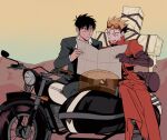  2boys black_hair blonde_hair blue_eyes coat cross florbetriz formal gloves highres holding holding_map map motor_vehicle motorcycle multiple_boys nicholas_d._wolfwood open_mouth red_coat sunglasses teeth trigun trigun_maximum upper_teeth_only vash_the_stampede 