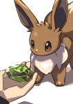  1other absurdres black_shirt brown_eyes brown_fur commentary eevee evolutionary_stone highres holding long_sleeves pokefia pokemon pokemon_(creature) shirt standing thunder_stone white_background 