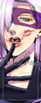  1boy 418monami androgynous blue_eyes character_name close-up domino_mask earrings eyelashes gloves hair_over_one_eye highres jewelry jojo_no_kimyou_na_bouken lipstick lipstick_mark_on_face long_hair makeup male_focus mask melone open_mouth solo vento_aureo 