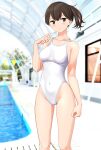  1girl absurdres blurry blurry_background breasts brown_eyes brown_hair commentary_request competition_swimsuit covered_navel cowboy_shot feet_out_of_frame highres indoors kaga_(kancolle) kantai_collection looking_at_viewer medium_breasts medium_hair multicolored_clothes one-piece_swimsuit pool side_ponytail solo standing string_of_flags swimsuit takafumi variant_set white_one-piece_swimsuit window 