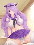  1girl absurdres bed bikini black_tiara breasts cameltoe camilla_(fire_emblem) cleft_of_venus fire_emblem fire_emblem_fates from_below gabriel_evangel hair_ornament hair_over_one_eye highres horn_ornament horns large_breasts long_hair looking_at_viewer microskirt navel sailor_collar school_uniform serafuku skirt solo split spread_legs swimsuit thighhighs tiara white_thighhighs 