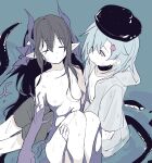  1boy 1girl arknights black_headwear blue_hair breasts carrying closed_eyes coldcat. collarbone coral from_above highmore_(arknights) highres hood hood_up hooded_jacket jacket mizuki_(arknights) nipples nude parted_lips pointy_ears princess_carry sitting sleeping small_breasts tentacles wet white_jacket 
