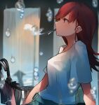  1girl brown_eyes brown_hair cigarette from_side green_skirt highres kantai_collection long_hair looking_away official_alternate_costume ooi_(kancolle) profile shirt short_sleeves signature skirt smoking solo sunday_aki umbrella water_drop white_shirt 