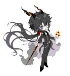  1boy animal_ears arknights black_footwear black_hair black_jacket black_pants bow collared_shirt cube dress_shirt ebenholz_(arknights) floating_hair gloves grey_shirt hair_between_eyes hair_bow holding holding_wand horns jacket long_hair long_sleeves looking_at_viewer male_focus pants parted_lips purple_eyes red_bow rio_(rio773) shirt shoes simple_background solo twitter_username v-shaped_eyebrows very_long_hair wand white_background white_gloves 