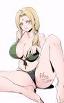  1girl artist_name barefoot bikini blonde_hair blush breasts closed_mouth collarbone curvy facial_mark feet forehead forehead_mark green_bikini hair_intakes knee_up large_breasts legs looking_at_viewer low_ponytail naruto naruto_(series) navel relaxjon simple_background sitting solo stomach swimsuit thighs toenails toes tsunade_(naruto) white_background yellow_eyes 