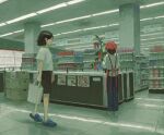  2girls bag black_hair black_skirt blue_footwear blue_pants closed_mouth fjsmu head_scarf highres holding holding_bag indoors long_sleeves multiple_girls original pants profile red_headwear shirt short_hair short_sleeves skirt slippers supermarket white_shirt 