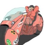  1boy akira black_hair boots closed_eyes jacket kaneda_shoutarou&#039;s_bike kaneda_shoutarou_(akira) lowres motor_vehicle motorcycle open_mouth pants red_footwear red_jacket red_pants shadow simple_background solo sticker teeth tora0820 upper_teeth_only white_background 