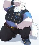  1boy animal_ears arm_up bara belly belt belt_pouch black_footwear black_pants black_vest blue_eyes blue_fur blue_shirt closed_mouth dog_boy dog_ears dog_tail full_body furry furry_male highres jacket keyhole lanyard live_a_hero male_focus noc_(noku) pants plump pocket pouch scope screwdriver shirt solo sweatdrop tail thick_arms thick_eyebrows thick_thighs thighs vest white_fur work_boots wrench wristband yohack 