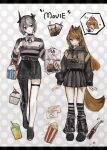  2girls :o alternate_costume animal_ears arknights arms_at_sides asymmetrical_legwear bag black_footwear black_hoodie black_pantyhose black_shirt black_skirt broken_horn brown_hair bubble_tea ceobe_(arknights) collared_shirt commentary cupcake demon_girl demon_horns denim denim_skirt dog_ears dog_girl dog_tail english_text food grey_background grey_hair highres holding holding_bag hood hoodie horns kneehighs letterboxed looking_at_viewer mismatched_legwear multiple_girls open_mouth oripathy_lesion_(arknights) pantyhose pleated_skirt polka_dot polka_dot_background pomopomoinu popcorn red_eyes shirt shopping_bag short_hair single_leg_pantyhose skirt smile socks soda_bottle sparkle speech_bubble striped striped_shirt striped_socks tail thighhighs ticket vulcan_(arknights) white_shirt white_thighhighs 