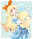  1girl :d aikatsu! aikatsu!_(series) blonde_hair blue_background blue_dress blue_flower blush bow dress flower hair_bow hairband highres holding holding_stuffed_toy hoshimiya_ichigo long_hair looking_at_viewer momohana_(momokurihana) object_hug open_mouth pink_eyes plaid plaid_dress red_bow red_hairband scrunchie short_sleeves smile solo stuffed_toy wrist_scrunchie 