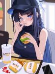  1girl 82jhin :t absurdres bare_arms bare_shoulders baseball_cap blue_archive blue_eyes blue_hair blue_headwear blush breasts burger cellphone commentary_request crying crying_with_eyes_open cup disposable_cup drinking_straw food french_fries hands_up hat highres holding holding_food indoors large_breasts looking_at_viewer partial_commentary phone saori_(blue_archive) shirt sleeveless sleeveless_shirt smartphone solo tears upper_body 