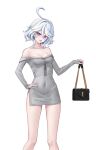  1girl :d absurdres ahoge alternate_costume bare_shoulders blue_eyes breasts collarbone commentary_request dress feet_out_of_frame furina_(genshin_impact) genshin_impact grey_dress hand_on_own_hip highres ilbanseomin long_sleeves looking_at_viewer off-shoulder_dress off_shoulder open_mouth pencil_dress short_dress short_hair simple_background small_breasts smile solo standing white_background white_hair 