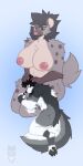  anthro big_breasts breasts canid canine canis comforting cuddling duo female hair hand_on_head head_on_lap hi_res hyena male mammal nap nipples nude on_lap simple_background sirdoomwolf smile spotted_hyena wolf 