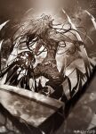  1boy absurdres back_tattoo blank_eyes camazotz_(fate) fate/grand_order fate_(series) fingernails greyscale highres male_focus monochrome reluvy sharp_fingernails sharp_teeth solo tattoo teeth 