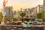  aorie_iroen building car city colored_pencil_(medium) crane_(machine) crosswalk day highres lamppost motor_vehicle no_humans original road road_sign scenery sign street traditional_media traffic_light utility_pole window 