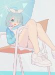  1girl absurdres arona_(blue_archive) blue_archive blue_hair chair envelope hair_over_one_eye halo highres holding holding_envelope light_blue_hair looking_at_viewer open_mouth panties shoes smile solo tachibana_shiori_(suica_112) umbrella underwear white_footwear 