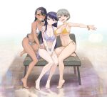  3girls arm_up barefoot bikini black_hair blue_eyes bow breasts brown_eyes cleavage closed_mouth collarbone covered_nipples crossover dark-skinned_female dark_skin fang full_body grey_hair grin hair_ornament hairclip ijiranaide_nagatoro-san kneeling komi-san_wa_komyushou_desu komi_shouko large_breasts long_hair looking_at_viewer micro_bikini multiple_crossover multiple_girls nagatoro_hayase navel open_mouth outstretched_arm own_hands_together pale_skin parted_bangs purple_hair short_hair side-by-side side-tie_bikini_bottom sitting skin_fang small_breasts smile stomach strap_gap swept_bangs swimsuit toes uzaki-chan_wa_asobitai! uzaki_hana v_arms very_long_hair yugen99 