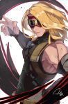  1girl absurdres arere_r bare_shoulders belt black_bodysuit blindfold blonde_hair bodysuit eddie_(guilty_gear) guilty_gear guilty_gear_strive highres long_hair male_focus muscular muscular_male open_mouth shadow signature solo zato-1 