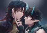  2boys absurdres bare_shoulders black_hair blade_(honkai:_star_rail) chest_sarashi chinese_clothes closed_mouth dan_heng_(honkai:_star_rail) dan_heng_(imbibitor_lunae)_(honkai:_star_rail) detached_sleeves dragon_boy dragon_horns earrings fingerless_gloves gloves green_eyes green_horns hair_between_eyes hand_on_another&#039;s_chin height_difference highres honkai:_star_rail honkai_(series) horns jewelry long_hair luiszen4 male_focus multiple_boys open_hand parted_bangs pointy_ears red_eyeliner red_eyes sarashi simple_background single_bare_shoulder upper_body yaoi 