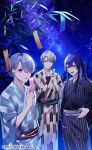  3boys :d :o bamboo black_kimono black_sash blue_eyes blue_hair blue_kimono blunt_ends closed_mouth copyright cowboy_shot dark_blue_hair earrings genzuki_toujirou grey_hair grey_sash hair_behind_ear hair_between_eyes hair_over_one_eye holding_tanzaku japanese_clothes jewelry kaida_haru kimono light_purple_hair long_hair long_sleeves looking_at_viewer male_focus mismatched_earrings multiple_boys nagao_kei night nijisanji obijime official_art pinstripe_pattern ponytail purple_eyes purple_hair red_sash sash short_hair sidelocks sky smile standing star_(sky) starry_sky striped striped_kimono swept_bangs tanabata tanzaku tassel tassel_earrings teeth umeno_shii upper_teeth_only valz virtual_youtuber white_kimono wide_sleeves yagasuri yukata 