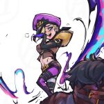  1girl 1other :d black_hair blonde_hair blush breasts claws evelynn_(league_of_legends) feet_out_of_frame large_breasts league_of_legends midriff mole mole_under_eye navel pants phantom_ix_row pink_headwear pink_pants short_hair smile soul_fighter_evelynn stomach teeth trembling upper_teeth_only white_background 