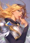  1girl absurdres armor black_bodysuit black_hairband blonde_hair blue_eyes bodysuit breastplate chest_armor finger_to_face flute_(artist) hairband highres league_of_legends long_hair lux_(league_of_legends) parted_lips pauldrons shoulder_armor solo upper_body 