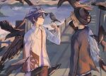  2boys aoyagi_touya bird bird_on_hand black_pants blue_hair closed_mouth collared_shirt commentary cowboy_shot crow dark_blue_hair fedora grey_eyes hat highres juicelooped long_sleeves male_focus multicolored_hair multiple_boys official_alternate_costume orange_hair outdoors pants project_sekai shinonome_akito shirt short_hair signature standing two-tone_hair 