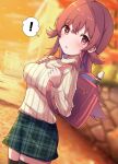  1girl ? autumn_leaves backpack bag black_thighhighs blush breasts building checkered_clothes checkered_skirt commentary_request dutch_angle flute ginmugi green_skirt hair_between_eyes hair_flaps highres holding_strap idolmaster idolmaster_shiny_colors instrument komiya_kaho large_breasts long_hair long_sleeves looking_at_viewer outdoors parted_lips randoseru red_bag red_eyes red_hair sidelocks skirt solo spoken_question_mark sunset sweater thighhighs thighs white_sweater zettai_ryouiki 
