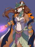  ajna anthro black_nose breasts brown_body brown_fur brown_hair canid canine canis clothed clothing cosplay ear_piercing female fox fur glowing_hand hair hi_res hybrid mammal mineru navel piercing solo tail wolf 