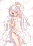  1girl animal_ear_fluff animal_ears arm_up armpits bed_sheet blush breasts cameltoe cat_ears cat_girl cat_tail covered_navel dress feet_out_of_frame highres long_hair looking_at_viewer lying on_back open_mouth orange_eyes original panties shiro_youduki sidelocks slit_pupils small_breasts solo strap_pull sundress tail thighs underwear white_hair white_panties 
