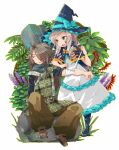  1boy 1girl baggy_pants bandaged_arm bandages bow brown_hair doctor_magus doctor_magus_4 dress drop390_(sakuma) frilled_dress frills full_body green_eyes grey_hair hair_over_one_eye hat hat_bow highlander_(sekaiju_2) highlander_1_(sekaiju_2) long_dress long_hair looking_away open_mouth outdoors pants plaid plant rock sekaiju_no_meikyuu sekaiju_no_meikyuu_x sidelocks sitting_on_rock white_background white_dress witch_hat 