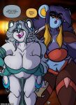  2023 alolan_form alolan_persian anthro big_breasts blue_body blue_fur breasts cleavage clothed clothing dancer_outfit duo ear_piercing english_text eyeshadow female fur generation_4_pokemon grey_body grey_fur grey_hair gwen_(vincentdraws) hair hi_res licking licking_lips luxray makeup mature_anthro mature_female nintendo piercing pokemon pokemon_(species) red_sclera regional_form_(pokemon) roxanne_(unluckyoni) signature sketchybug stretch_marks text thief tongue tongue_out url 