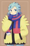  1boy aqua_hair blue_eyes blue_mittens blue_scarf brown_background commentary_request cowboy_shot eyelashes framed grusha_(pokemon) hand_in_pocket hand_up highres jacket koroni_(nkrgs) long_sleeves male_focus open_mouth pants poke_ball_print pokemon pokemon_(game) pokemon_sv scarf sideways_glance solo striped striped_scarf yellow_jacket 
