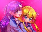  2girls blonde_hair blue_eyes blue_jacket blush breasts hair_behind_ear hair_tubes heart highres hug hug_from_behind jacket lavinia_liberus looking_back medium_breasts multiple_girls open_mouth pink_background purple_eyes purple_hair sara_werec shippuu_jinnari short_hair_with_long_locks smile soukou_no_strain sweater white_sweater yuri 