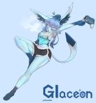  absurd_res anthro arms_stretched barefoot blue_body blue_clothing blue_eyes blue_hair clothing controller crop_top dolphin_shorts eeveelution feet female game_controller generation_4_pokemon glaceon hair hands_behind_head hi_res inner_ear_fluff multicolored_hair navel nintendo one_eye_closed open_mouth patrasche99 pokemon pokemon_(species) shirt simple_background solo stretching topwear translucent translucent_clothing tuft two_tone_hair yawn 