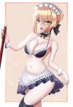  1girl alternate_costume apron artoria_pendragon_(alter_swimsuit_rider)_(fate) artoria_pendragon_(fate) bare_shoulders bikini black_bikini black_bow black_ribbon blonde_hair border bow braid breasts cleavage commentary_request crossed_legs curtsey fate/grand_order fate_(series) french_braid frilled_apron frilled_bikini frills hair_between_eyes hair_ribbon holding looking_at_viewer maid maid_bikini maid_headdress medium_breasts navel open_mouth outside_border ribbon saber_alter short_hair sidelocks solo swimsuit teeth thighhighs thighs tongue twit_eg0 unconventional_maid upper_teeth_only waist_apron white_apron white_border wrist_cuffs yellow_background yellow_eyes 