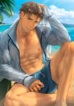  1boy abs bara beach blue_eyes blue_male_swimwear brown_hair cloud day grey_shirt highres jim_(mondi_hl) large_pectorals male_focus male_swimwear mondi_hl muscular muscular_male navel nipples open_clothes open_shirt original outdoors pectorals shirt short_hair sky solo swim_briefs thighs twitter_username 