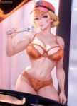  1girl artist_name ass_visible_through_thighs baseball_cap blonde_hair bra breasts cindy_aurum cleavage collarbone cowboy_shot final_fantasy final_fantasy_xv fingernails flowerxl goggles hair_between_eyes hair_up hat holding holding_wrench large_breasts light_smile looking_at_viewer midriff navel panties parted_lips red_headwear solo standing stomach underwear web_address wrench 