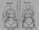  armor big_breasts big_butt breasts butt cape clothed clothing digital_media_(artwork) duo female guards hair headgear helmet huge_breasts huge_butt humanoid looking_at_viewer melee_weapon mofera mofiria monochrome open_mouth polearm short_stack shouder_plates sibling sister sisters sketch smile spear superbinario thick_thighs weapon 