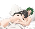  1boy 1girl ass astrid_(fire_emblem) bed bed_sheet black_hair closed_eyes commission commissioner_upload completely_nude fire_emblem fire_emblem:_radiant_dawn green_hair highres long_hair nude pillow pomelomelon sleeping sothe_(fire_emblem) 