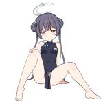  1girl barefoot black_dress black_hair blue_archive breasts china_dress chinese_clothes double_bun dress firli_(ard) hair_bun hair_ornament hairpin kisaki_(blue_archive) long_hair looking_at_viewer m_legs no_panties small_breasts solo spread_legs twintails 
