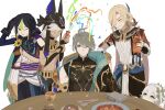  1girl 4boys alhaitham_(genshin_impact) animal_ears birthday black_choker black_hair blonde_hair blush book cape chalice chest_jewel choker closed_eyes closed_mouth cup cyno_(genshin_impact) dark-skinned_male dark_skin feather_hair_ornament feathers flower food fork fox_boy fox_ears genshin_impact gloves green_eyes green_hair grey_hair grin hair_ornament highres kaveh_(genshin_impact) long_hair looking_at_viewer medal multicolored_hair multiple_boys nahida_(genshin_impact) nium_404 open_mouth party_popper plate pointy_ears ponytail pouring shoulder_cape side_ponytail simple_background smile spoon sweat table tassel tighnari_(genshin_impact) white_background white_flower 