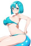  1girl absurdres aqua_hair ball beachball bikini blue_eyes blush bob_cut bra breasts bulma cleavage closed_mouth covered_nipples dragon_ball dragon_ball_(classic) from_side highres large_breasts looking_at_viewer medium_hair navel nose nsfwbakasenpai simple_background sitting solo strap_pull swimsuit underboob underwear watermark white_background 