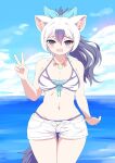  1girl aardwolf_(kemono_friends) aardwolf_ears aardwolf_girl aardwolf_print aardwolf_tail animal_ears animal_print bare_shoulders beach bikini bikini_top_only black_hair blush breasts extra_ears hair_between_eyes highres kemono_friends long_hair looking_at_viewer mamiyama medium_breasts multicolored_hair open_mouth ponytail shorts smile solo swimsuit tail two-tone_hair v white_hair 