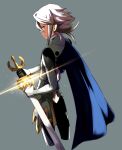  1boy back_turned blue_cape cape corrin_(fire_emblem) corrin_(male)_(fire_emblem) fire_emblem fire_emblem_fates holding holding_sword holding_weapon looking_at_viewer nyorotono sheath shine sidelocks solo sword unsheathing upper_body weapon white_hair 
