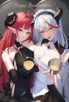  2girls aegir_(azur_lane) aegir_(iron_blood&#039;s_dragon_maid)_(azur_lane) arm_garter azur_lane bare_shoulders black_dress black_headband black_horns blush breast_press breasts center_cross_lace cleavage clothing_cutout covered_navel curled_horns demon_horns dress elbow_gloves frilled_bandeau frilled_hairband frills gloves hair_on_horn hairband headband highres hindenburg_(azur_lane) horns large_breasts looking_at_viewer maid_headdress multicolored_hair multiple_girls official_alternate_costume pointy_ears ropi_(yyuichi29) see-through smile streaked_hair thighhighs tongue tongue_out underboob white_thighhighs 